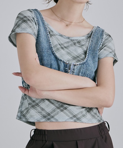 etoll.（エトル）の「バイアスチェックフライスコンパクトTシャツ（Tシャツ/カットソー・レディース・グレー/ブルー/ライトベージュ・M）」の5枚目の写真
