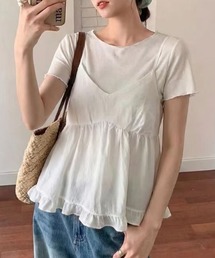 【2WAYバッククロス/セットアップ】ペプラムキャミソール+スムースニットTシャツ アンサンブル2点セット レディース