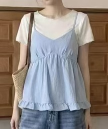 【2WAYバッククロス/セットアップ】ペプラムキャミソール+スムースニットTシャツ アンサンブル2点セット レディース