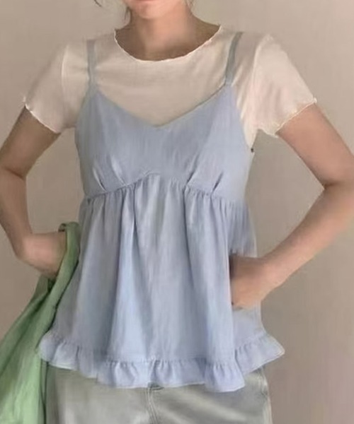 DAY CLOSET(デイ クローゼット)の「【2WAYバッククロス/セットアップ】ペプラムキャミソール+スムースニットTシャツ アンサンブル2点セット レディース(キャミソール・レディース・ホワイト/ブラック/サックスブルー・FREE)」の13枚目の写真
