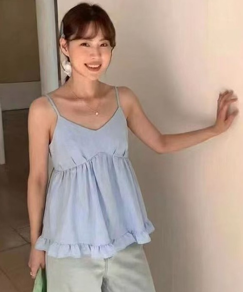 DAY CLOSET(デイ クローゼット)の「【2WAYバッククロス/セットアップ】ペプラムキャミソール+スムースニットTシャツ アンサンブル2点セット レディース(キャミソール・レディース・ホワイト/ブラック/サックスブルー・FREE)」の14枚目の写真