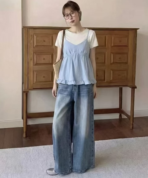 DAY CLOSET(デイ クローゼット)の「【2WAYバッククロス/セットアップ】ペプラムキャミソール+スムースニットTシャツ アンサンブル2点セット レディース(キャミソール・レディース・ホワイト/ブラック/サックスブルー・FREE)」の15枚目の写真