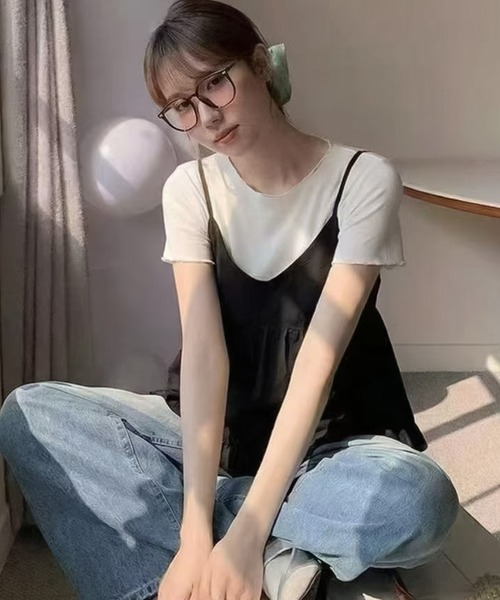 DAY CLOSET(デイ クローゼット)の「【2WAYバッククロス/セットアップ】ペプラムキャミソール+スムースニットTシャツ アンサンブル2点セット レディース(キャミソール・レディース・ホワイト/ブラック/サックスブルー・FREE)」の9枚目の写真