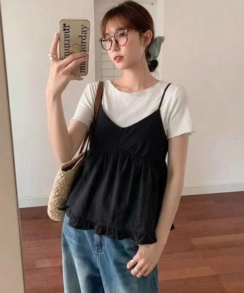 DAY CLOSET(デイ クローゼット)の「【2WAYバッククロス/セットアップ】ペプラムキャミソール+スムースニットTシャツ アンサンブル2点セット レディース(キャミソール・レディース・ホワイト/ブラック/サックスブルー・FREE)」の10枚目の写真