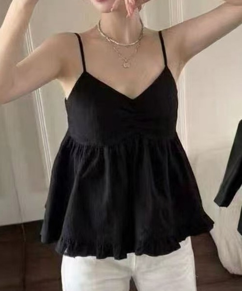 DAY CLOSET(デイ クローゼット)の「【2WAYバッククロス/セットアップ】ペプラムキャミソール+スムースニットTシャツ アンサンブル2点セット レディース(キャミソール・レディース・ホワイト/ブラック/サックスブルー・FREE)」の21枚目の写真
