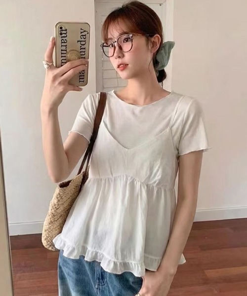 DAY CLOSET(デイ クローゼット)の「【2WAYバッククロス/セットアップ】ペプラムキャミソール+スムースニットTシャツ アンサンブル2点セット レディース(キャミソール・レディース・ホワイト/ブラック/サックスブルー・FREE)」の4枚目の写真