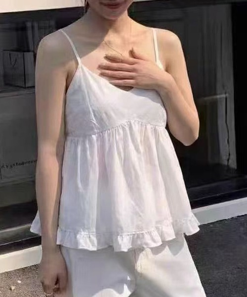 DAY CLOSET(デイ クローゼット)の「【2WAYバッククロス/セットアップ】ペプラムキャミソール+スムースニットTシャツ アンサンブル2点セット レディース(キャミソール・レディース・ホワイト/ブラック/サックスブルー・FREE)」の6枚目の写真