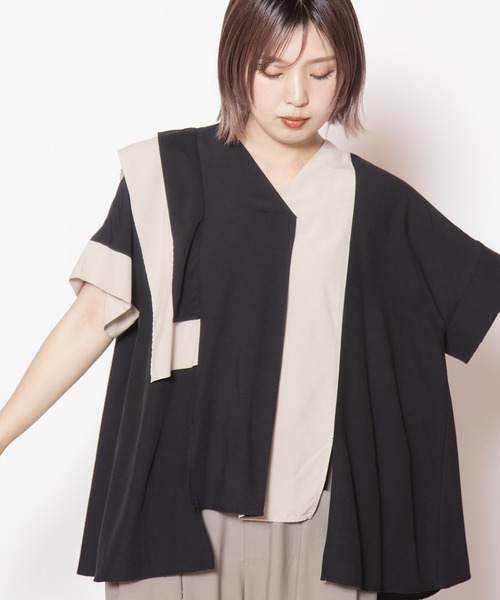 OSMOSIS(オズモーシス)の「アシンメトリーバイカラー切替ブラウス(シャツ/ブラウス・レディース・ライトベージュ/ブラウン/ネイビー・ONE SIZE)」の9枚目の写真