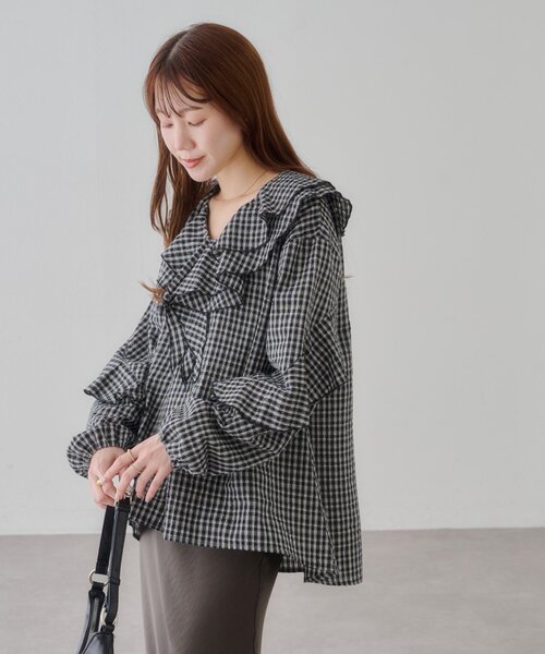 DISCOAT（ディスコート）の「チェックジャガードフリルブラウス（シャツ/ブラウス・レディース・ピンク/ブラック/ブラウン・FREE）」の22枚目の写真