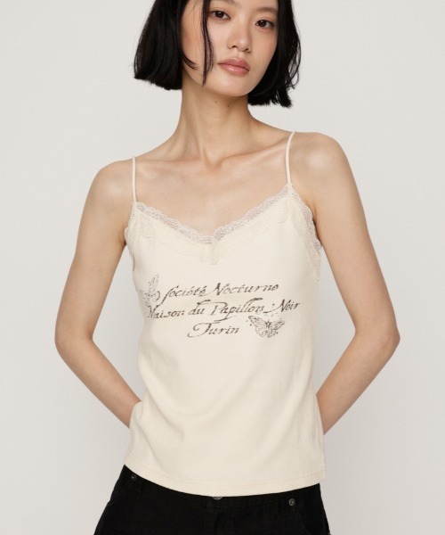 SLY(スライ)の「LACE CAMI LOGO TOPS レースキャミロゴトップス 夏服 秋服(キャミソール・レディース・ブラウン/オフホワイト/ライトブラック・FREE)」の2枚目の写真