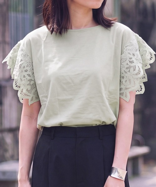 SELECT LEVERY(セレクトリベリー)の「袖レースTシャツ(Tシャツ/カットソー・レディース・ミント/オフホワイト/ブラック・LARGE/MEDIUM)」の3枚目の写真