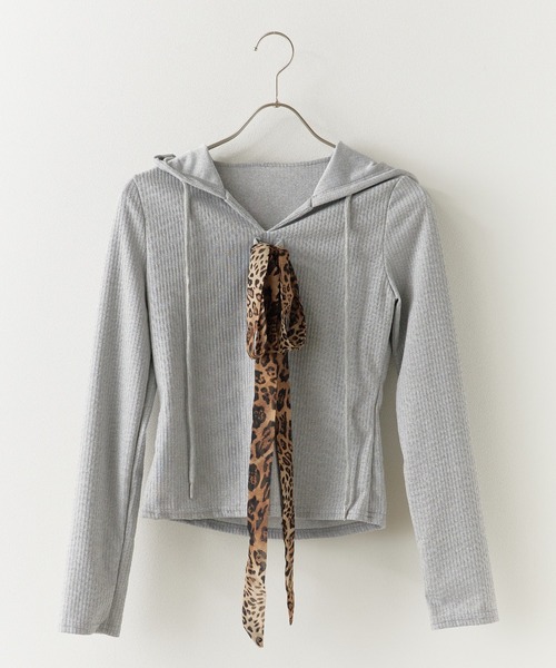 AO2(アオズ)の「Leopard Tie Food Long TEE /レオパード柄タイ付フードロンT 夏物 夏服(Tシャツ/カットソー・レディース・グレー・FREE)」の1枚目の写真
