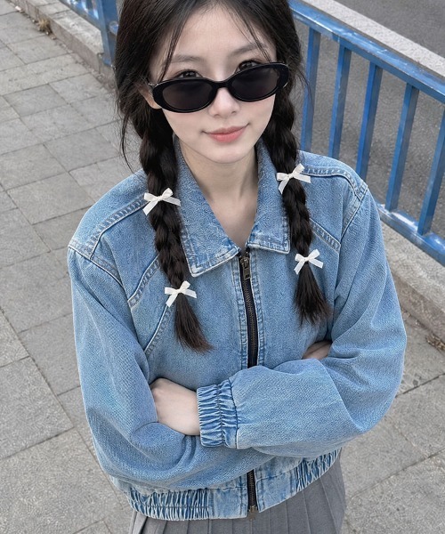 HOOK（フック）の「HOOK for girls ギャザーショートデニムブルゾン（デニムジャケット・レディース・ブルー・S）」の7枚目の写真