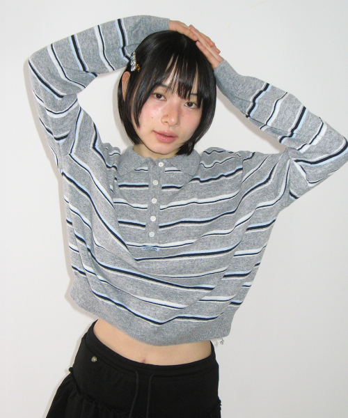 RONRON（ロンロン）の「LOOSE FIT STRIPE COLLAR KNIT GREY（ポロシャツ・レディース・その他・FREE）」の5枚目の写真