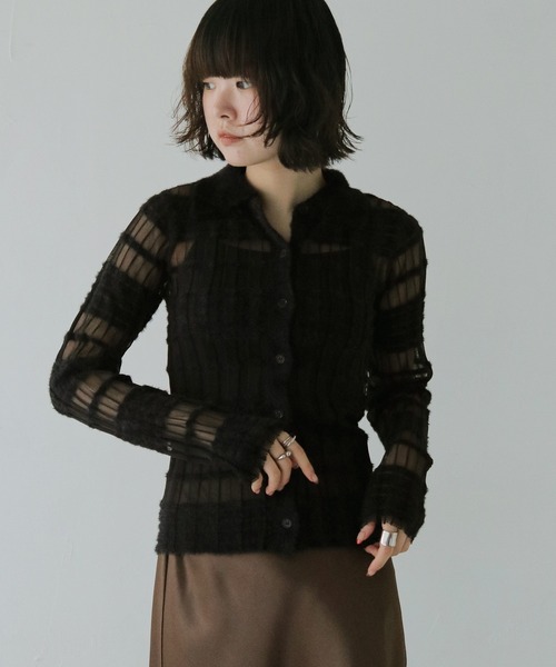 cheriella(シェリエラ)の「【cheriella】シアーボーダーポロニット SHEER BORDER POLO KNIT(ニット/セーター・レディース・ブラック/オフホワイト・FREE)」の8枚目の写真