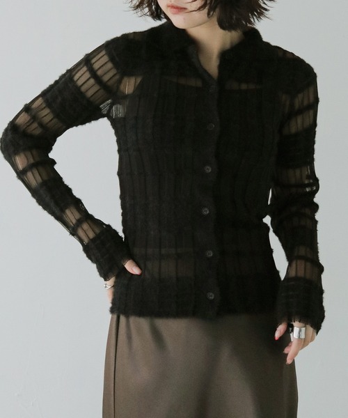 cheriella(シェリエラ)の「【cheriella】シアーボーダーポロニット SHEER BORDER POLO KNIT(ニット/セーター・レディース・ブラック/オフホワイト・FREE)」の7枚目の写真