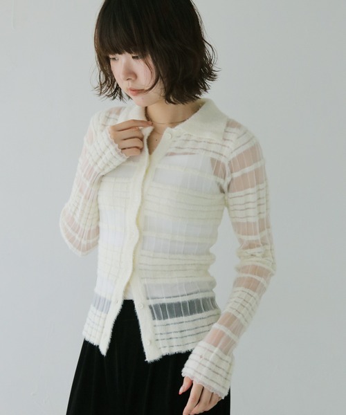 cheriella(シェリエラ)の「【cheriella】シアーボーダーポロニット SHEER BORDER POLO KNIT(ニット/セーター・レディース・ブラック/オフホワイト・FREE)」の14枚目の写真