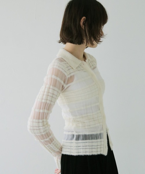 cheriella(シェリエラ)の「【cheriella】シアーボーダーポロニット SHEER BORDER POLO KNIT(ニット/セーター・レディース・ブラック/オフホワイト・FREE)」の3枚目の写真