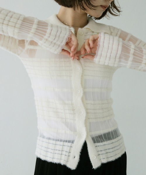 cheriella(シェリエラ)の「【cheriella】シアーボーダーポロニット SHEER BORDER POLO KNIT(ニット/セーター・レディース・ブラック/オフホワイト・FREE)」の4枚目の写真