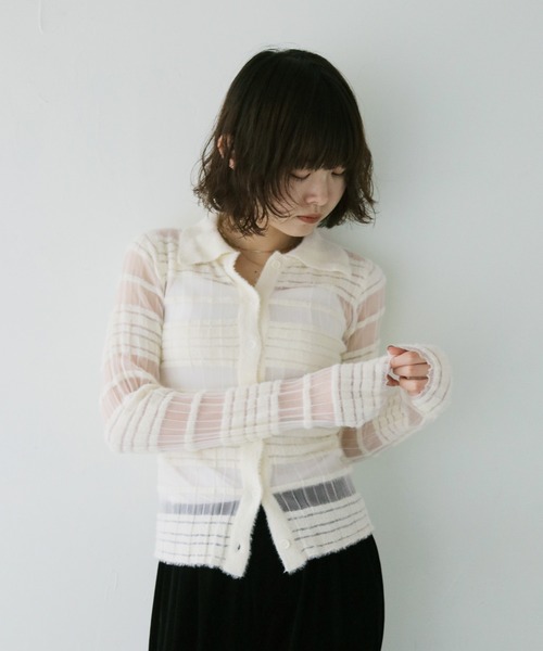 cheriella(シェリエラ)の「【cheriella】シアーボーダーポロニット SHEER BORDER POLO KNIT(ニット/セーター・レディース・ブラック/オフホワイト・FREE)」の5枚目の写真