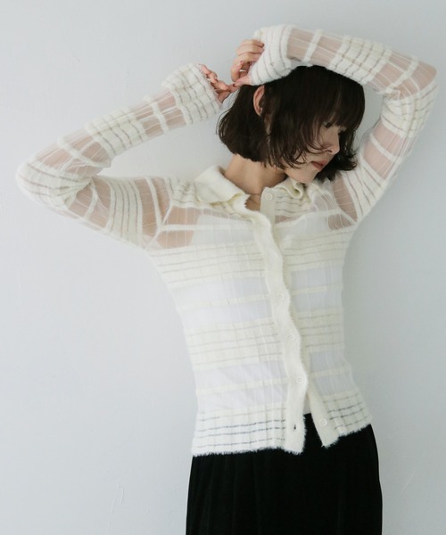 cheriella(シェリエラ)の「【cheriella】シアーボーダーポロニット SHEER BORDER POLO KNIT(ニット/セーター・レディース・ブラック/オフホワイト・FREE)」の10枚目の写真