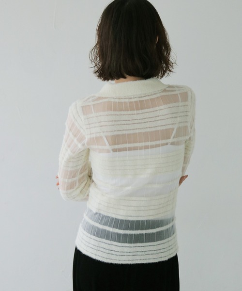 cheriella(シェリエラ)の「【cheriella】シアーボーダーポロニット SHEER BORDER POLO KNIT(ニット/セーター・レディース・ブラック/オフホワイト・FREE)」の6枚目の写真