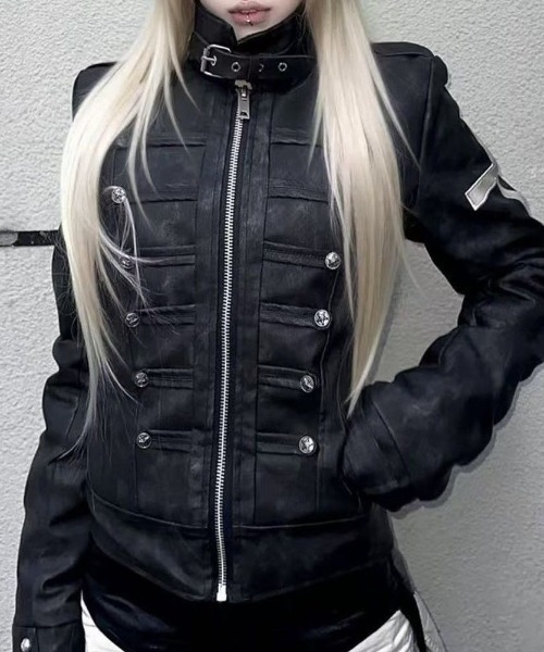 AVYL(アヴィル)の「ベルトスタンドカラーナポレオンフェイクレザージャケット(その他アウター・レディース・ブラック・M)」の1枚目の写真