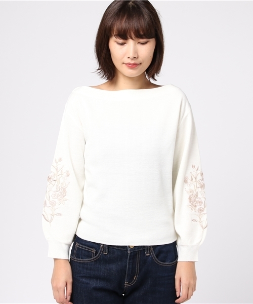 mysty woman（ミスティウーマン）の「エンブロイダリー刺繍ボートネックニット（ニット/セーター・レディース・オフホワイト/トップグレー/ブラック/ピンクベージュ・FREE）」の5枚目の写真
