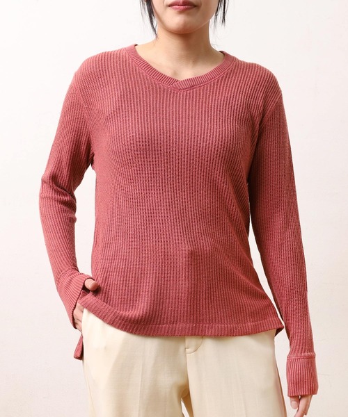 Audition(オーディション)の「M0541 ピグメントVネックプルオーバー(Tシャツ/カットソー・レディース・バーガンディー/オリーブ/チャコール・MEDIUM)」の1枚目の写真