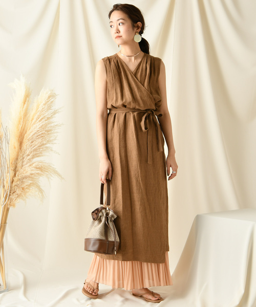 DouDou(ドゥドゥ)の「リネンウールカシュクールワンピース(ワンピース・レディース・ベージュ/グリーン/ブラウン・FREE)」の1枚目の写真