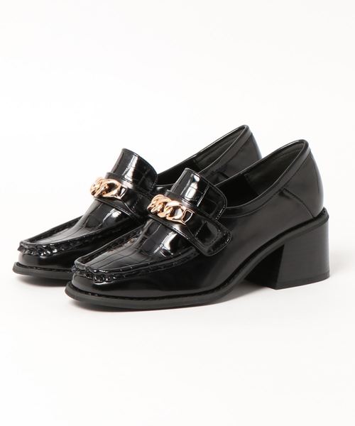 DOLCE&GABBANA シューズ　ローファー　チェック柄　ビジュー スムース/チェック柄/クロコ調]ゴールドチェーン付きスクエアトゥ