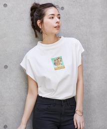 別注ARTプリントモックチュニックフレンチスリーブアートTシャツ