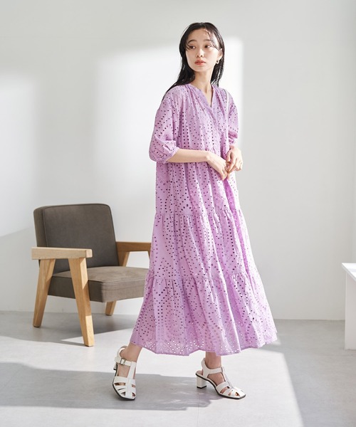 VIS(ビス)の「エンブロイダリーレースティアードワンピース【キャミペチ付き】(ワンピース・レディース・スミクロ/ホワイト/パープル系その他/オレンジ・FREE)」の10枚目の写真