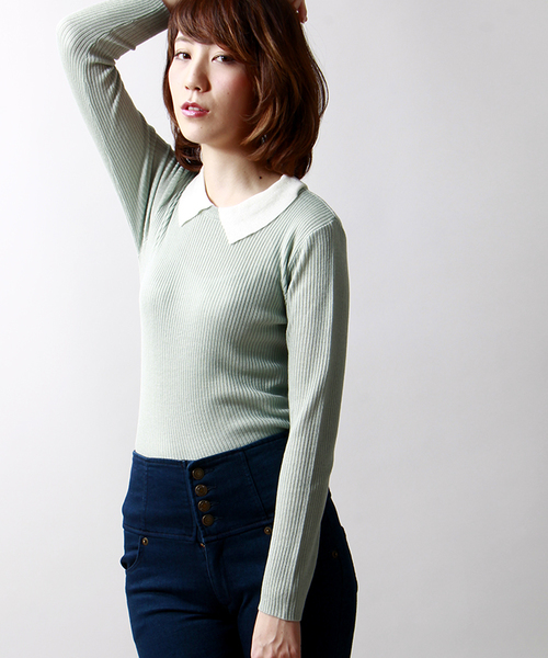 WEGO（ウィゴー）の「WEGO/襟付きニット（Tシャツ/カットソー・レディース・オフホワイト/ブラック/グリーン系その他/サックスブルー/ブルー系その他/ライトパープル・FREE）」の3枚目の写真