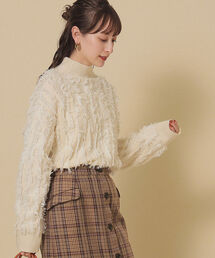 Ray BEAMS | Ray BEAMS / フリンジ ストライプ ハイネック ニット(ニット/セーター)