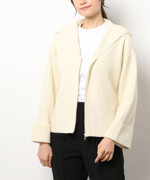 RIVE DROITE（リヴドロワ）の「トレンドライクな着こなしが叶う　片畦セーラージップカーディガン（カーディガン/ボレロ・レディース・オフホワイト/ブラック・FREE）」の5枚目の写真