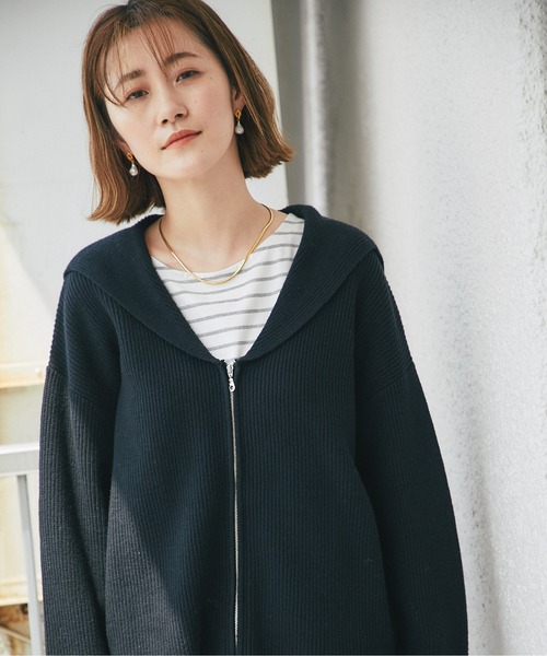 RIVE DROITE（リヴドロワ）の「トレンドライクな着こなしが叶う　片畦セーラージップカーディガン（カーディガン/ボレロ・レディース・オフホワイト/ブラック・FREE）」の22枚目の写真