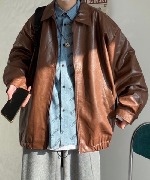 KOR(ケーオーアール)の「オーバーサイズ フェイクレザーブルゾン(ブルゾン・メンズ・ブラウン/ブラック・M/XL/L)」の4枚目の写真