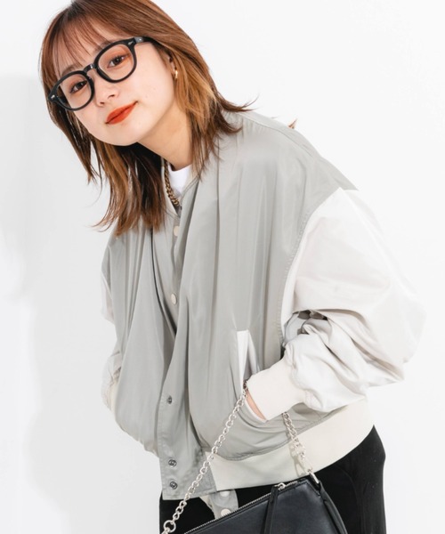nemne store(ネンネストア)の「ショート丈配色スタジャン(ブルゾン・レディース・ベージュ/ライトグリーン・フリー)」の15枚目の写真