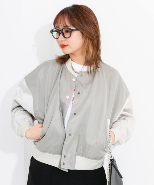 nemne store(ネンネストア)の「ショート丈配色スタジャン(ブルゾン・レディース・ベージュ/ライトグリーン・フリー)」の16枚目の写真