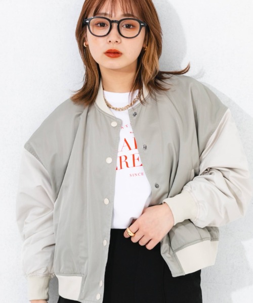 nemne store(ネンネストア)の「ショート丈配色スタジャン(ブルゾン・レディース・ベージュ/ライトグリーン・フリー)」の14枚目の写真