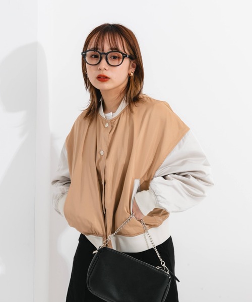 nemne store(ネンネストア)の「ショート丈配色スタジャン(ブルゾン・レディース・ベージュ/ライトグリーン・フリー)」の5枚目の写真