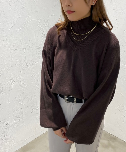 apres jour mignon(アプレジュールミニョン)の「Vニット+タートルセット【ZOZOTOWN限定アイテム】(ニット/セーター・レディース・ブラック/ブラウン系その他/ライトベージュ・X-LARGE/フリー)」の11枚目の写真