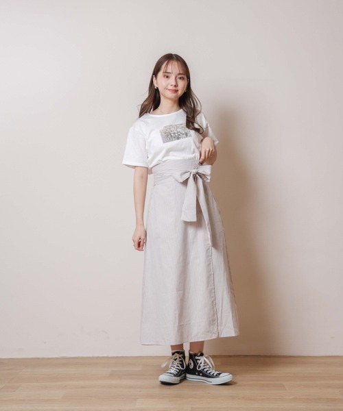 flower（フラワー）の「フレッシュストライプスカート（スカート・レディース・ベージュ/ブルー・FREE）」の3枚目の写真