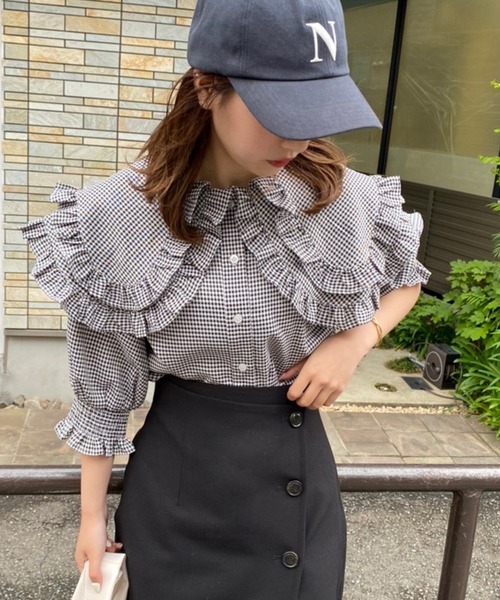 one after another NICE CLAUP（ワンアフターアナザーナイスクラップ）の「推しウケ圧勝　ビックカラーブラウス（シャツ/ブラウス・レディース・オフホワイト/ネイビー/ピンク/チェック/ブルー・FREE）」の5枚目の写真