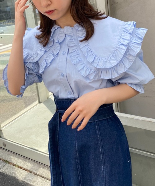 one after another NICE CLAUP（ワンアフターアナザーナイスクラップ）の「推しウケ圧勝　ビックカラーブラウス（シャツ/ブラウス・レディース・オフホワイト/ネイビー/ピンク/チェック/ブルー・FREE）」の3枚目の写真