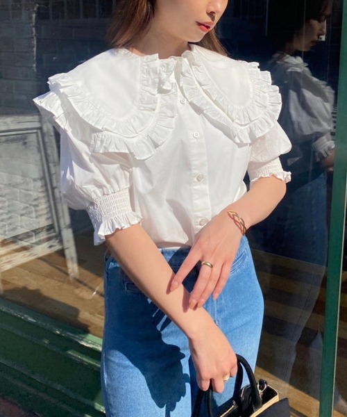 one after another NICE CLAUP（ワンアフターアナザーナイスクラップ）の「推しウケ圧勝　ビックカラーブラウス（シャツ/ブラウス・レディース・オフホワイト/ネイビー/ピンク/チェック/ブルー・FREE）」の6枚目の写真