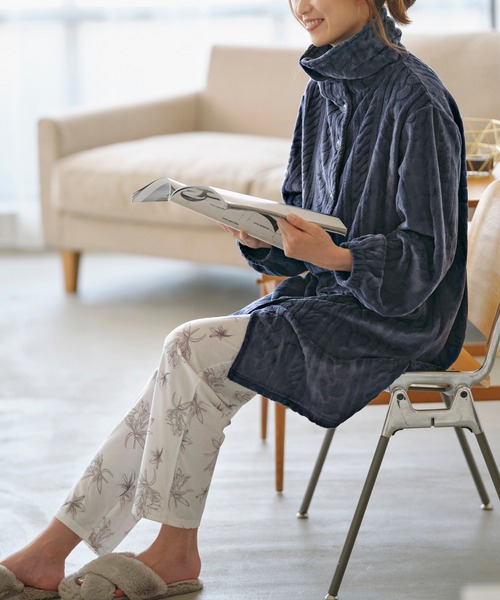 セール】ケーブル柄フリース2way衿ロングカーデ（ルームウェア