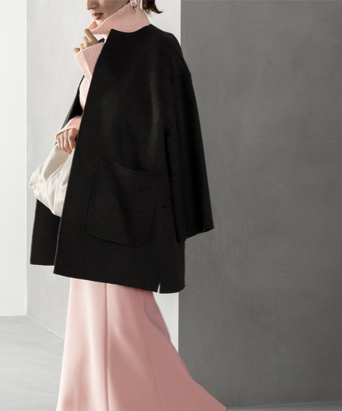 ミドル丈ノーカラーリバーコート