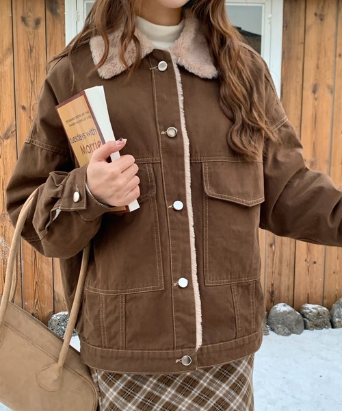 セール】【新色追加】インナーファー使いステッチブルゾン/オーバー